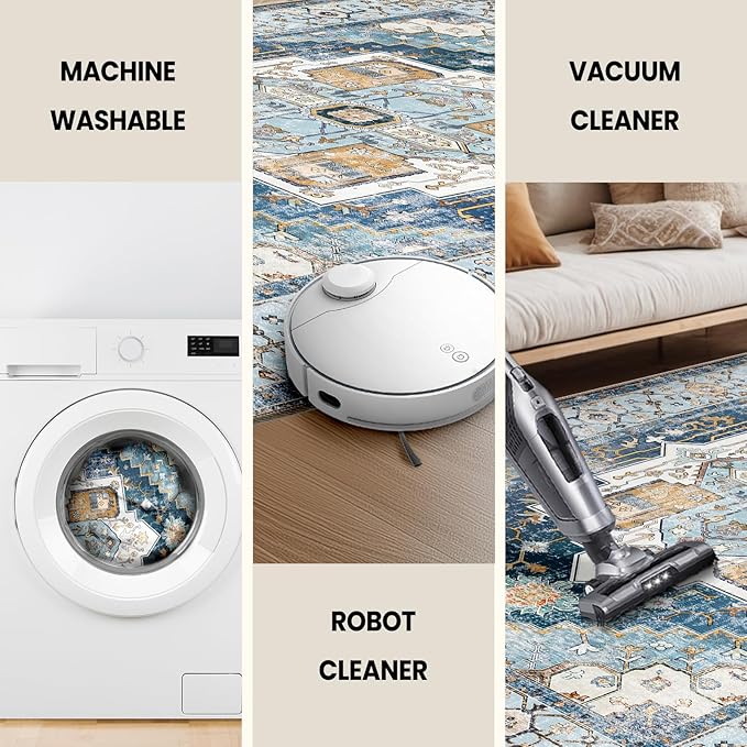 Washable 8ft Area Rugs, Rugs for Living Room, Low-Pile Water&Stain Resistant Carpet Vintage Distressed Printed Non-Slip Carpet for Bedroom Bathroom Kitchen-Sky Blue