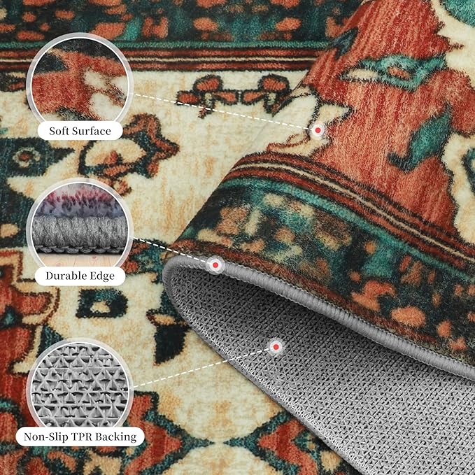 2x10 Machine Washable Non-Slip Rug & Mat - Soft Faux Wool & Polyester, Boho Stain-Resistant Indoor Carpet for Hallways, Kitchen, Entryway,Laundry, Bedroom, Bathroom, Low Pile, High Traffic
