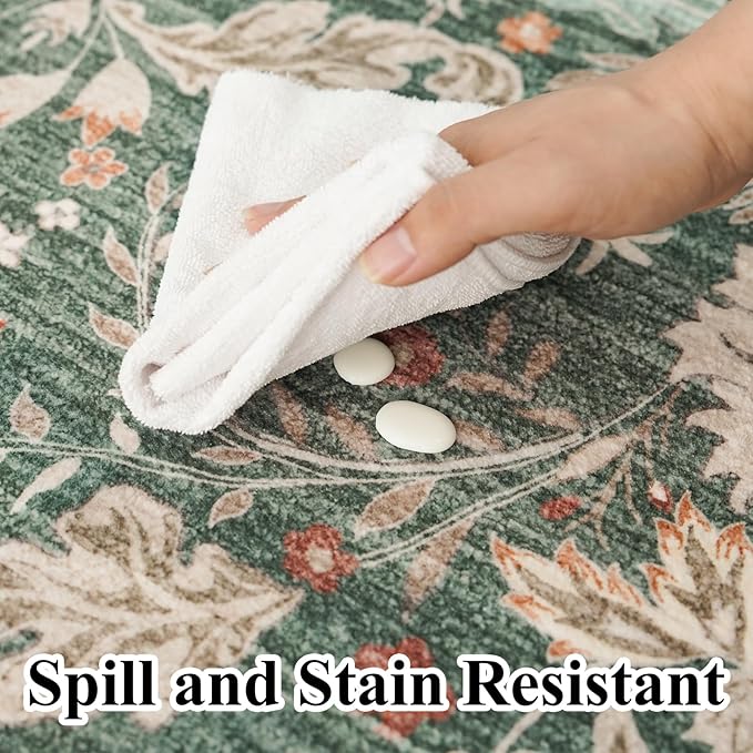 2x5 Rug Runner Washable: Non-Slip Oriental Floral Carpet for Bathroom Kitchen Hallway - Farmhouse Low Pile Stain Resistant Long Thin Front Door Mat 2x5 Green/Beige/Multi