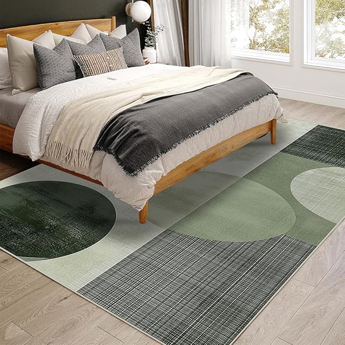 4x6 Area Rugs for Living Room Machine Washable Green Boho Rug Non Slip Printed Circle Geometric Rug Carpet Friendly Modern Rug for Bathroom Bedroom Dining Room Office