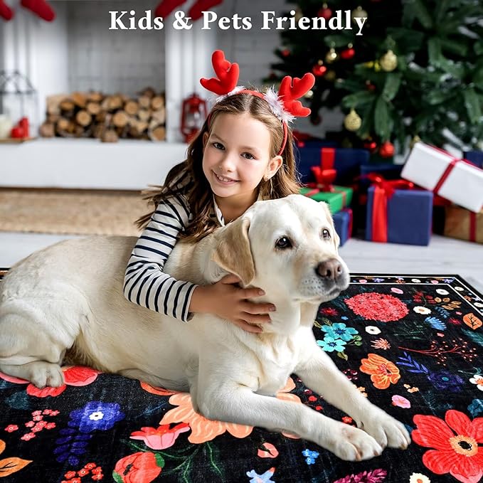 2x3 Small Floral Rug for Entryway, Flowers Printed Washable Rugs with Non Slip Backing for Girls Bedroom Kitchen, Cute Throw Carpet Front Door Entry Decor, Black