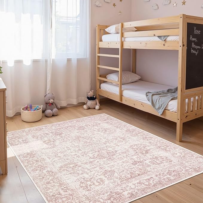 4x6 Washable Area Rug for Living Room & Bedroom, Light Pink Rugs for Women, Non Slip, Durable Low Pile Carpet, Vintage Carpets for Office, Dining Room, Kids Room and Farmhouse