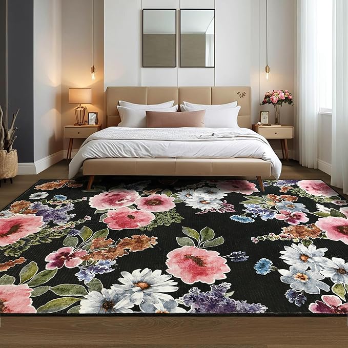 YJ.GWL Floral Black Area Rug for Living Room - 5x7 Washable Rug Soft Low Pile Stain Resistant Throw Accent Rug Carpets for Bedroom Dining Room Kids Nursery Room Office Kitchen
