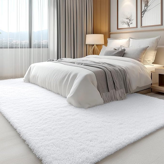 OLANLY Area Rugs for Living Room Bedroom, Machine Washable 4x5.9 Feet Soft Fluffy Shaggy Bedside Rug, Indoor Floor Carpet for Kids Girls and Boys, Dorms, Nursery Rooms, Home Decor Aesthetic, White