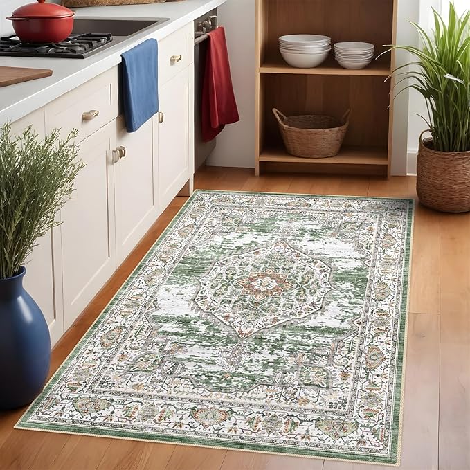 YOUFORTONG Washable Rug 3x5 Area Rugs: Soft Ultra Thin Low Pile Mat Machine Washable Indoor Doormat Lightweight Entry Rug Anti Slip Backing Rugs for Living Room Bedroom Kitchen 3'x5' Green