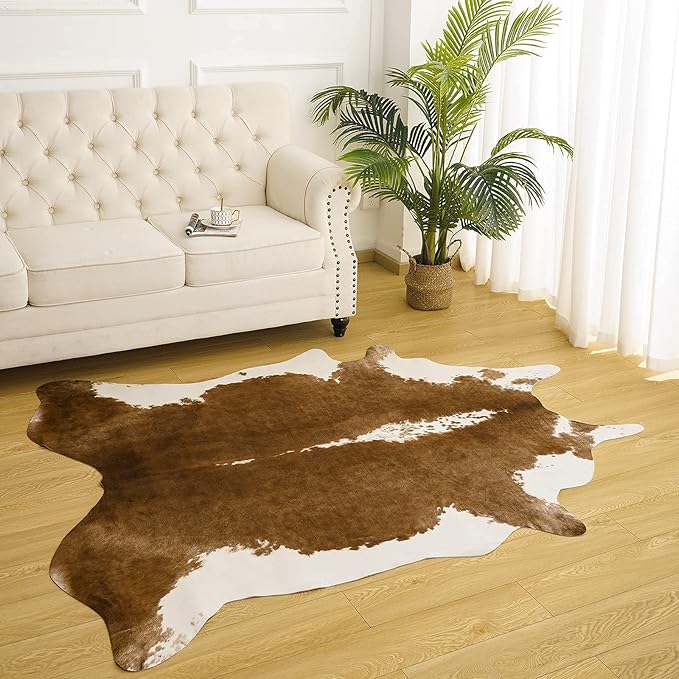 AROGAN Premium Faux Cowhide Rug 6.2 x 5.2 Feet, Sturdy and Large Size Cow Print Rugs, Suitable for Bedroom Living Room Western Decor, Faux Fur Animal Cow Hide Carpet, Brown