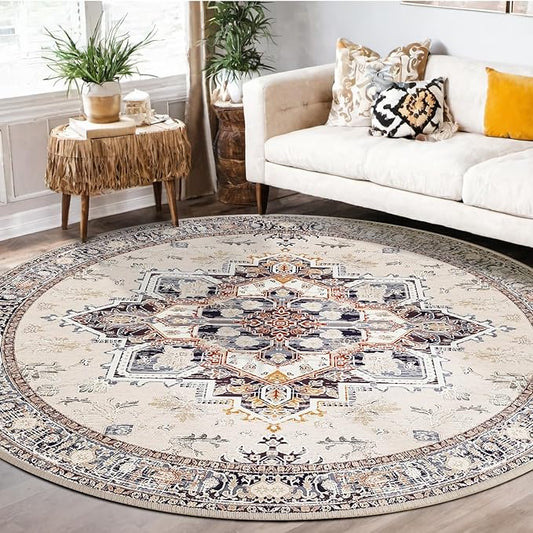 BESTSWEETIE 8ft Area Rugs for Living Room Washable Non Slip Carpet Low Pile Soft Vintage Print Pattern Rug for Bedroom Dining Room Kitchen Entryway Indoor-Khaki/Beige/Purple/Black/Brick