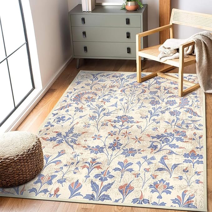Washable Area Rugs 5'x7' Living Room, Non Slip Floral Vintage Low Pile Large Rugs for Living Room Stain Resistant for TribalBedroom, Farmhouse, Dining Room, Kids Playroom