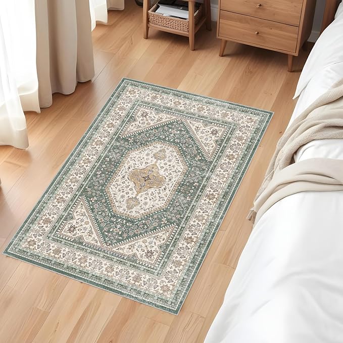 Washable Entryway 2x3 Rug: Small Boho Rugs for Indoor Entrance Non Slip Backing Stain Resistant Carpet Low Pile Throw Rugs for Bedroom Bedside Inside Front Door Floor Kitchen Decor(Green,2x3FT)