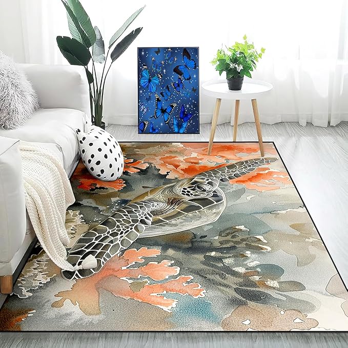 Sea Turtles Rug - Seafloor Turtle Area Rug for Kids 63" L x 47" W Ocean Life Turtles Carpet Rugs for Bedroom Living Room Kids Room Decor Indoor Outdoor
