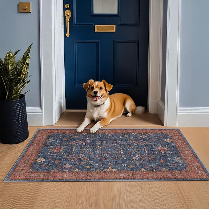 Washable Kitchen Rugs, 3x5 Area Rug for Large Entryway Indoor, Kitchen Mat, Small Rug for Living Room - Stain Resistant Non Skid Non Slip Rubber Backing, Boho Aethestic Décor (3x5 Navy Blue)