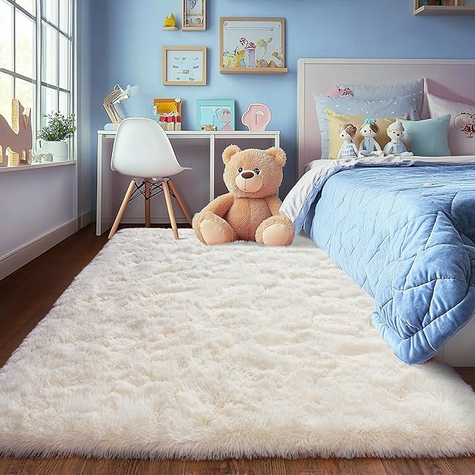 White Fluffy Rug for Bedroom 8x10 ft Large - Ultra Soft & Non Slip Shaggy Area Rug, Comfy Durable Carpet for Living Room Kids Room Teens Dorm Home Decor, 1.7'' Thick Indoor Plush Carpets