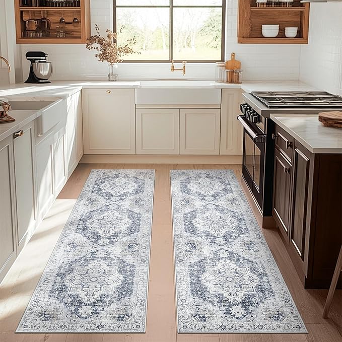 jinchan Runner Rug 3x8-2pcs Vintage Hallway Rug Kitchen Washable Runner Retro Floor Cover Lightweight Non-Slip Thin Distressed Carpet for Entryway Bathroom Laundry Room Bedroom Stairway Grey