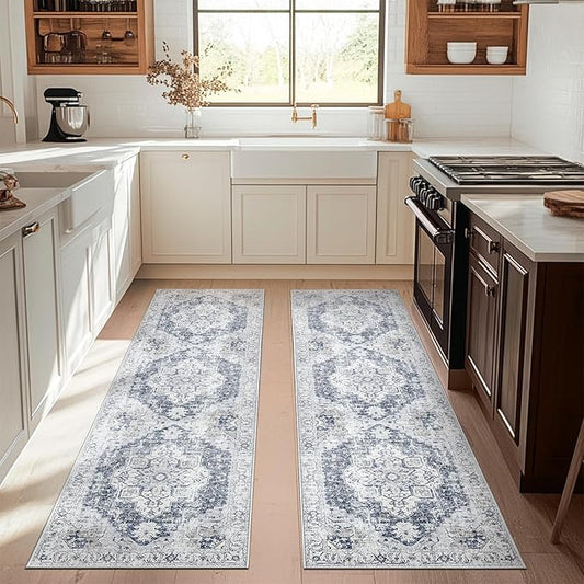 jinchan Runner Rug 3x8-2pcs Vintage Hallway Rug Kitchen Washable Runner Retro Floor Cover Lightweight Non-Slip Thin Distressed Carpet for Entryway Bathroom Laundry Room Bedroom Stairway Grey