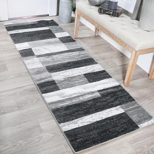 Superior Indoor Runner Rug, Jute Backed, Modern Geometric Patchwork Floor Decor for Bedroom, Office, Living Room, Entryway, Hardwood Floors, Rockwood Collection, 2' 7" x 8', Charcoal