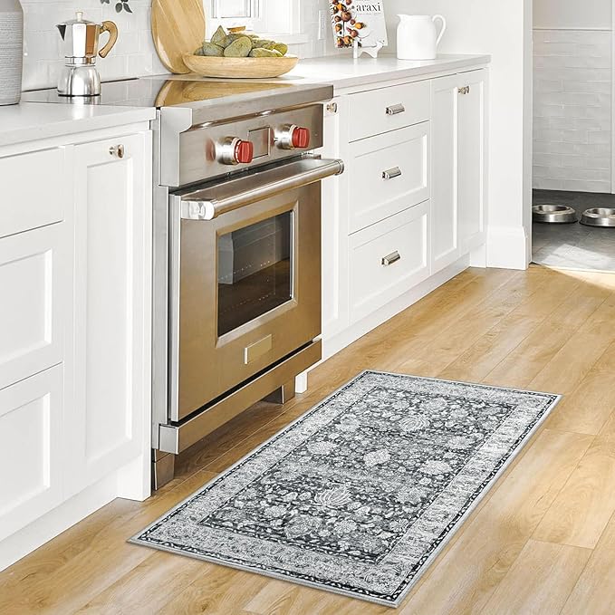 Small 2x3 Throw Rug - Vintage Moroccan Floral, Machine Washable, Low Pile Non Slip Entryway Rug for Kitchen, Bedroom, Laundry Room, Grey