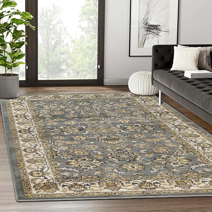 Superior Indoor Area Rug, Jute Backing, Plush Floral Rugs for Entryway, Kitchen Floors, Office Floor Cover, Traditional Oriental Rugs, Lille Collection, 4' x 6', Grey
