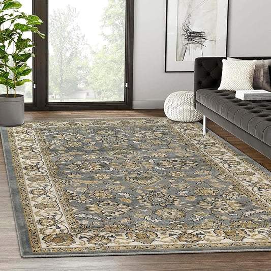 Superior Indoor Area Rug, Jute Backing, Plush Floral Rugs for Entryway, Kitchen Floors, Office Floor Cover, Traditional Oriental Rugs, Lille Collection, 4' x 6', Grey