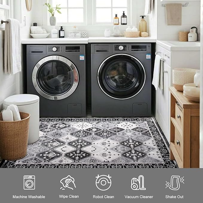 2x3 Small Washable Area Rug for Entryway, Black/Grey Boho Non-Slip Indoor Kitchen Rugs, Moroccan Floral Trellis Carpet Soft Low Pile Vintage Throw Mat for Bedroom Bathroom Front Door