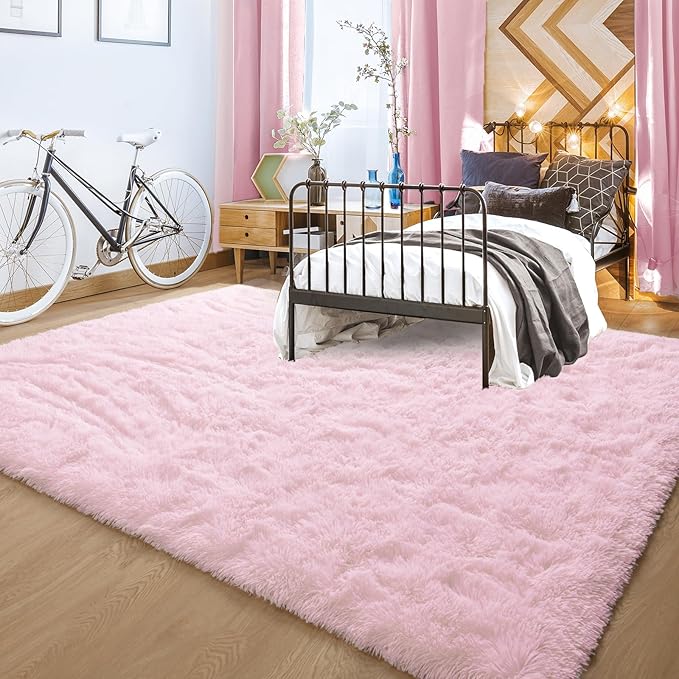 YJ.GWL Area Rugs for Living Room Bedroom, 8x10 Machine Washable Large Pink Carpet, Soft Fluffy Shaggy Thick Big Shag Indoor Floor Rug for Kids Boy and Girls Room Dorm Home Decor Aesthetic