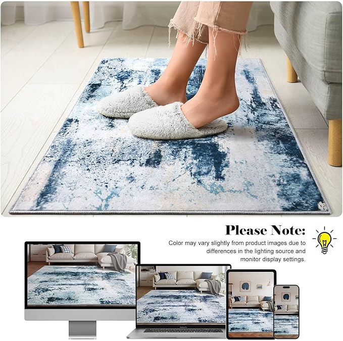 Washable Abstract Rug, 2x3 Small Modern Area Rugs with Non-Slip Rubber Backed for Kitchen, Thin but Soft Throw Carpet Bedroom Entryway Front Door Decor, Blue White