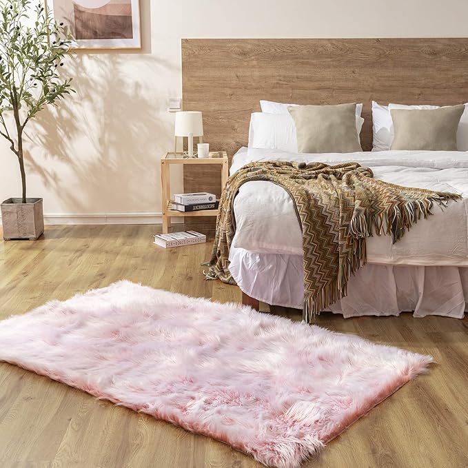 Ashler faux fur rug, Fluffy Shaggy Area Rug Ultra Soft 3 x 5 Feet Rectangle Fur Rug Frosted Bottom Pink Fuzzy Rug Machine Washable Shag Rug, Nursery Decor Throw Rugs for Bedroom, Living Room