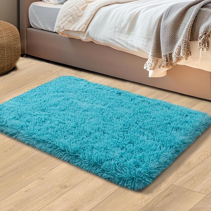 2x3 Rugs for Bedroom, Fluffy Area Rugs for Living Room, Soft Shag Kids Rug Small Carpet with 4 Non-Slip Rug Pads (Turquoise Blue, 2ft x 3ft)