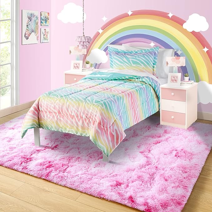 Noahas 4x6 Fluffy Kids Rugs for Room,Soft Pink Tie-Dyed Rainbow Rug for Girls Bedroom,Soft Colorful Playroom Shag Nursery Carpets Room Decor