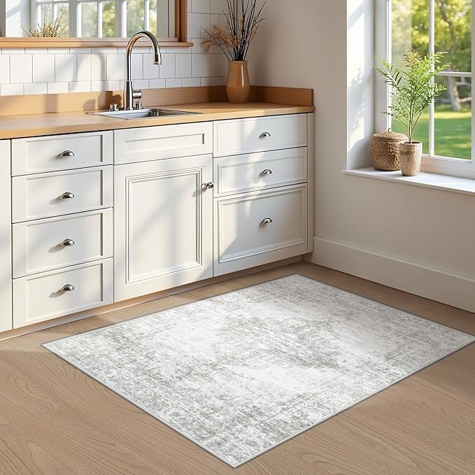 Vintage Washable Area Rugs 2x3: Small Entryway Rug with Non-Slip Backing Low Pile Rugs Soft Indoor Floor Thin Carpet Neutral Carpets for Bedroom Kitchen Laundry Under Dining Table Gray/Ivory