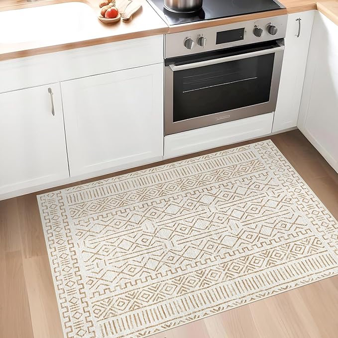 2x3 Rug Entryway Rugs: Washable Boho Small Geometric Moroccan Printed Pattern Rug Modern Indoor Soft Non Slip Ultra Thin Front Door Mat for Kitchen Bedroom (BeigeBrown, 2'x3')