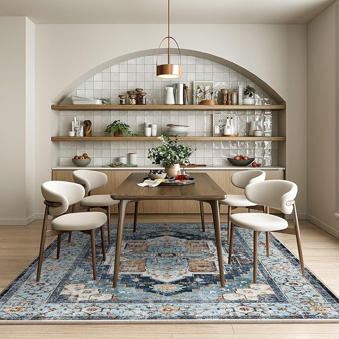 Washable 6x9 Area Rugs, Rugs for Living Room, Low-Pile Water&Stain Resistant Carpet Vintage Distressed Printed Non-Slip Carpet for Bedroom Bathroom Kitchen-Sky Blue
