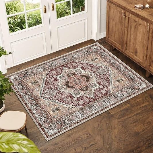 BESTSWEETIE 2x3 Area Rugs for Living Room Washable Non Slip Carpet Low Pile Soft Vintage Print Pattern Rug for Bedroom Dining Room Kitchen Entryway Indoor-Wine/Brown/Brick/Black/Light tan