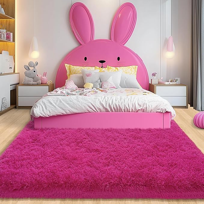 4x6 Hot Pink Rug for Bedroom Girls, Soft Fluffy Plush Shag Rugs for Kids Baby Bedside, Non-Slip Indoor Floor Thick Rugs, Living Room Nursery Dorm Home Decor Throw Carpet