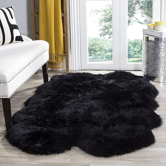 HUAHOO Premium Genuine Sheepskin Rug Black Real Australia Sheepskin Natural Luxury Fluffy Lambskin Fur Area Rug Seat Covers for Kids Bedroom Sofa Chair Cover Pets Dogs Mat Quarto Pelt/4' x 6' Black