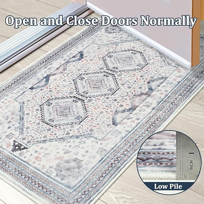 Maxsoft 2X3 Area Rug, Machine Washable for Entryway Rugs, Soft Non-Slip Low Pile for Front Door Mat, Stain Resistant Rug for Kitchen,Bathroom Rugs Fit Under Door (Beige Blue)
