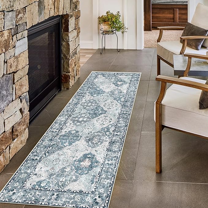 Boho Vintage Area Rugs 2×6 Blue Washable Non-Slip Traditional Rug Runner for Hallway Kitchen Entryway