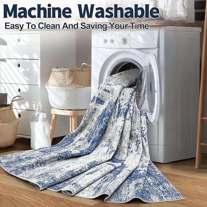 Runner Rug 2'6''x8' Washable Runner Rug: Machine Washable Kitchen Area Rug with Anti-Slip Backing Non-Shedding Stain-Resistant Long Soft Carpet Runner for Hallway, Bedroom, Laundry Room-Gray/Blue