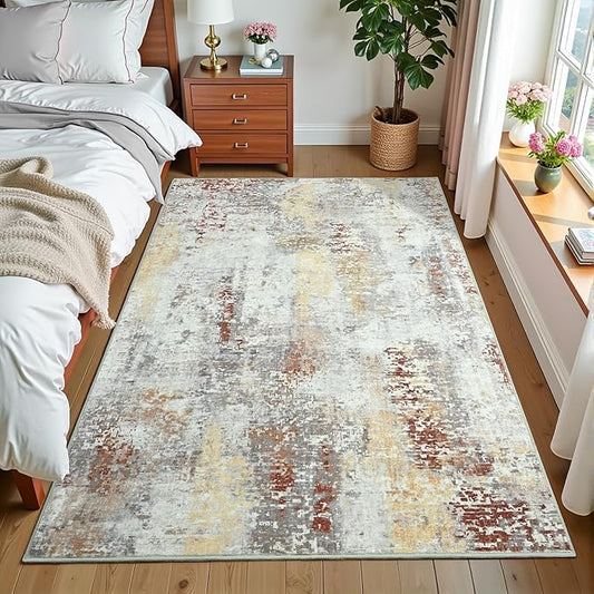 3x5 Washable Area Rug for Living Room Bedroom, Modern Abstract Non-Slip Rugs, Tan Low Pile Soft Stain Resistant Carpet for Dining Room, Kitchen, Office, Dorm, Bedside Decor