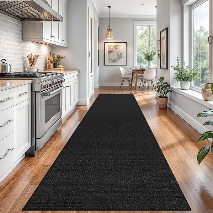 Braided Runner Rug 3x16 Ft Washable Runners for Hallways Non Slip Rubber Backed Kitchen Runners Cotton Long Entryway Runner Indoor, Woven Carpet for Hall Stair Entryway, Black/Grey