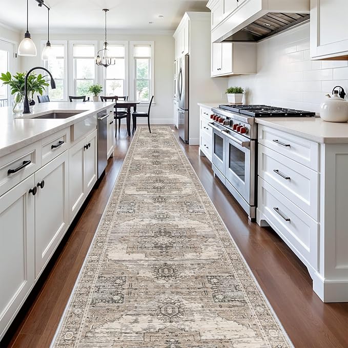 RUUGME Washable 3x20 Runner Rugs - Hallway Runner Rug for Living Room Stain Resistant Carpet with Non Slip Backing Vintage Rugs for Bedroom Kitchen Floor Decoration Mat 3x20 Beige