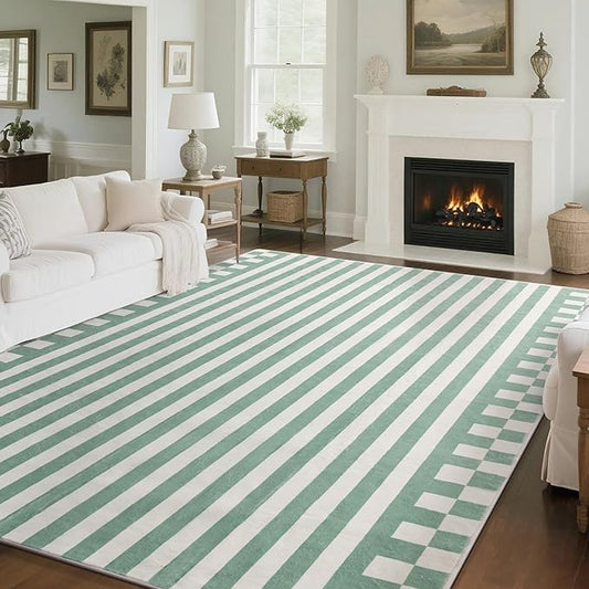 Carvapet Green Rugs for Living Room Bedroom, Striped Low Pile Modern Large Carpet with Rubber Backing, Foldable, Non Slip Machine Washable (7 x 5 Feet Rectangular, Green Area Rug)