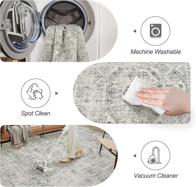 Washable Area Rug 8x10, Gray Soft Rug for Living Room Vintage 8x10 Area Rugs for Bedroom Dining Room Floral Non-Slip Thin Grey Rug