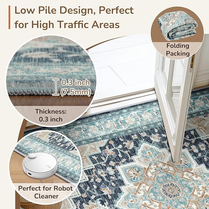 BESTSWEETIE 2x6 Area Rugs for Living Room, Washable Ultra Soft Boho Vintage Print Pattern Rug Non Slip Low Pile Carpet for Dining Room Bedroom Entryway Indoor-Navy/Light Blue/Natural