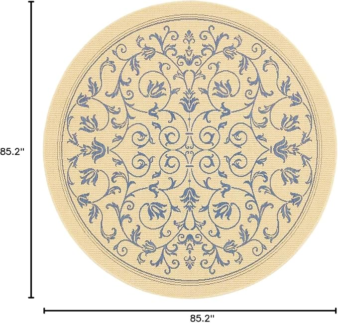 SAFAVIEH Courtyard Collection Area Rug - 7'1 Round, Natural & Blue, Scroll Design, Non-Shedding & Easy Care, Indoor/Outdoor & Washable-Ideal for Patio, Backyard, Mudroom (CY2098-3101)