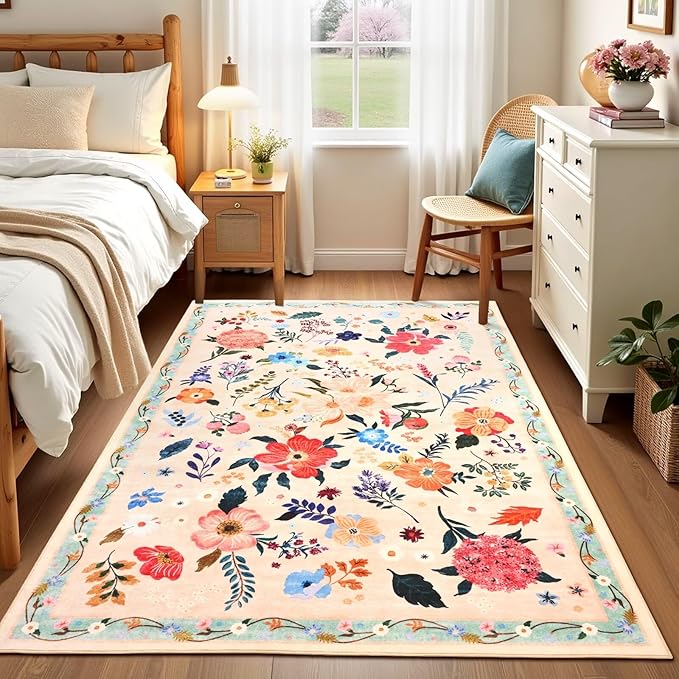 3x5 Floral Rug for Girls Bedroom, Machine Washable Area Rugs with Non Slip Backingfor Living Room, Cute Flowers Carpet Kitchen Dining Room Kids Playroom Decor, Peach White