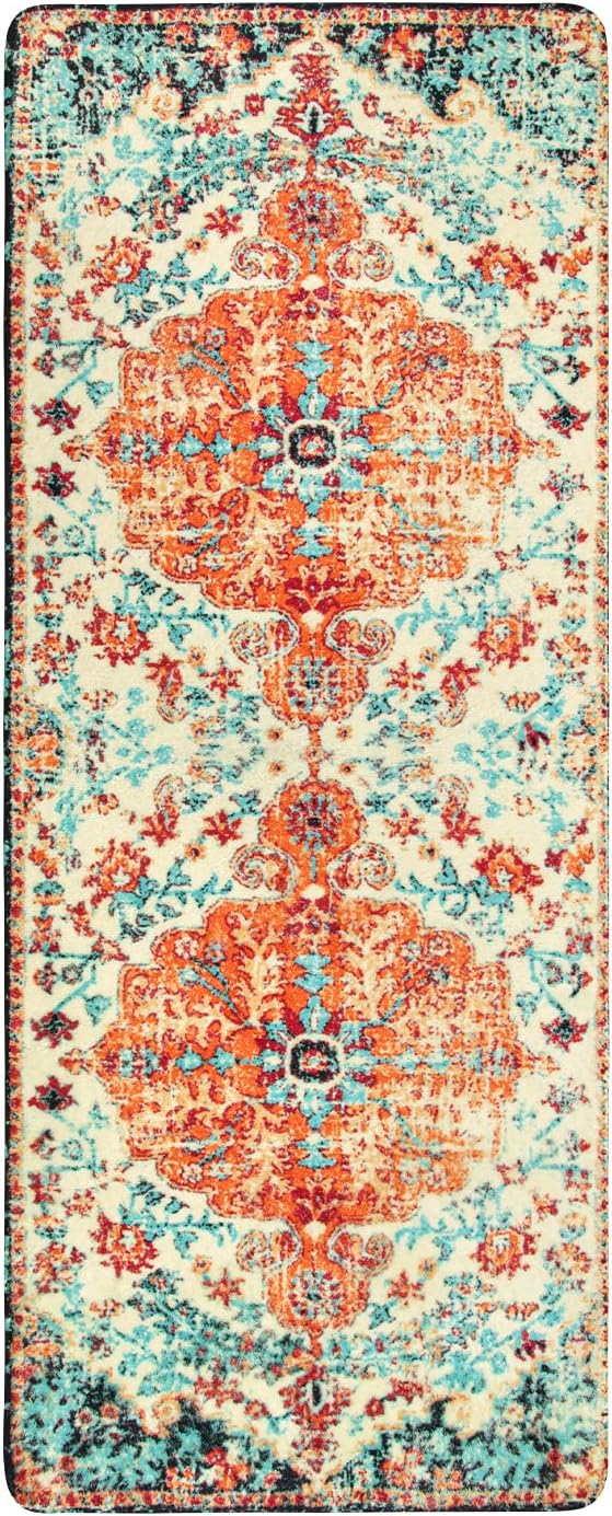 Lahome Bohemian Floral Medallion Rug - 2x5 Laundry Room Mat, Bathroom Runner, Kitchen Mat, Soft Washable Non-Slip Low-Pile Indoor Carpet Decor