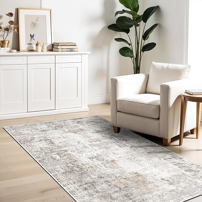 Washable 3x5 Entryway Rug - Non-Slip Rubber Backing, Soft Thin Low-Pile Stain-Resistant Modern Small Area Rugs for Kitchen Bedroom Living Room Hallway – Beige/Grey/Brown