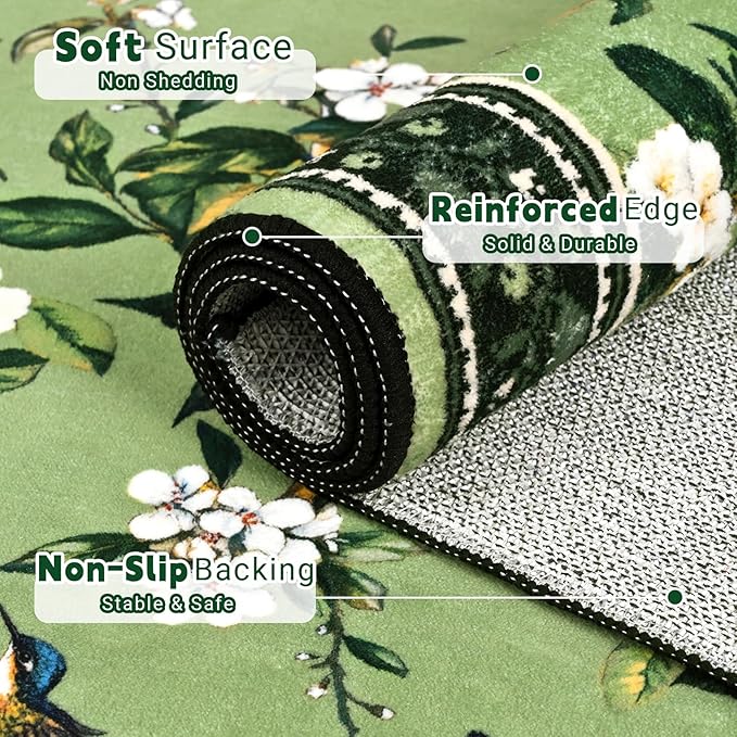 ASPMIZ Green Floral Area Rug 5x7 Rug for Living Room Vintage Washable Rugs for Bedroom Non Slip Soft Low Pile Lemon Throw Rugs for Dining Room Nursery Kitchen Entryway Laundry Office (Sage Green)