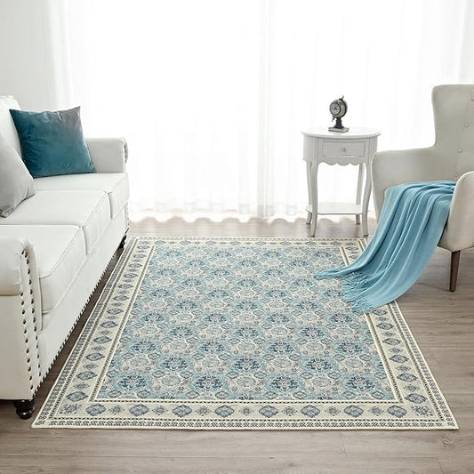Vintage Washable Area Rug 4x6, Spill-Proof Surface, Non-Slip Backing, Cozy Soft Faux Wool, Printed Rug for Entryway, Living Room, Bedroom- Maya