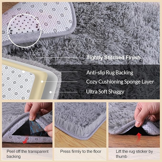 3x5 Rugs for Bedroom, Fluffy Area Rugs for Living Room, Soft Shag Kids Rug Small Carpet with 4 Non-Slip Rug Pads (Light Grey, 3ft x 5ft)